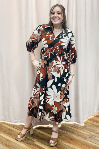 Umgee rust mix floral print midi length dress elbow sleeves k9030 rivers + roads boutique Umgee rust mix floral print midi length dress elbow sleeves k9030 rivers + roads boutique