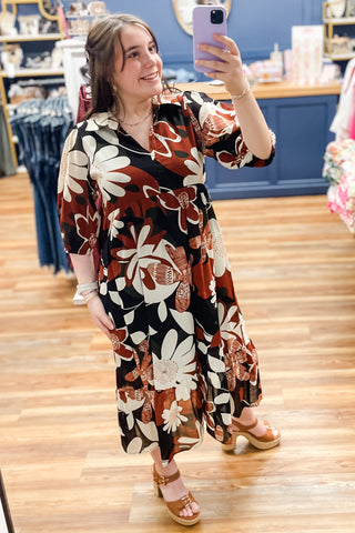 Umgee rust mix floral print midi length dress elbow sleeves k9030