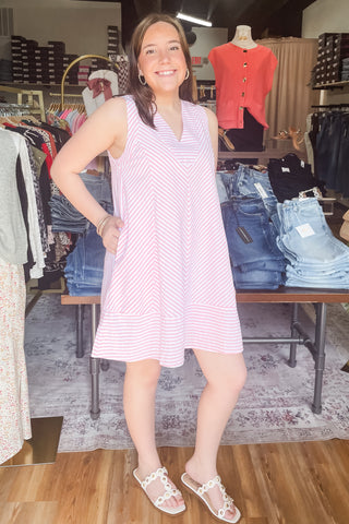 Umgee Pink Striped A-Line Mini Dress Sleeveless K2051