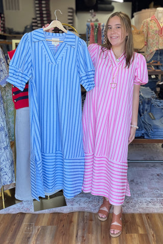Umgee striped midi dress puff short sleeves caftan style C5868 in blue and peony