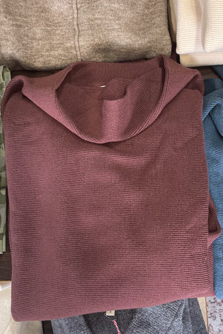 Umgee Knit Drape Turtleneck Sweater in  brown relaxed fit, dropped shoulder and fitted long sleeves ks6039