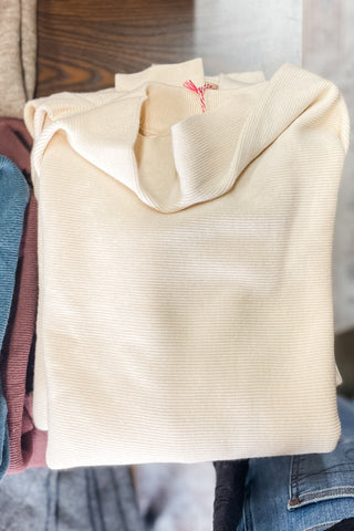 Umgee Knit Drape Turtleneck Sweater in cream relaxed fit, dropped shoulder and fitted long sleeves ks6039