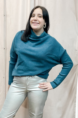Umgee Knit Drape Turtleneck Sweater in Lagoon relaxed fit, dropped shoulder and fitted long sleeves ks6039