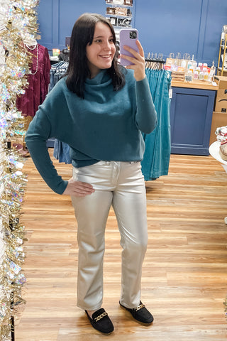 Umgee Knit Drape Turtleneck Sweater in Lagoon relaxed fit, dropped shoulder and fitted long sleeves ks6039