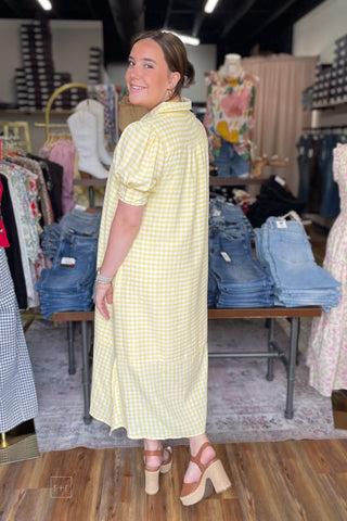 Umgee sunny yellow gingham midi dress short puff sleeves back over the shouolder view C6338