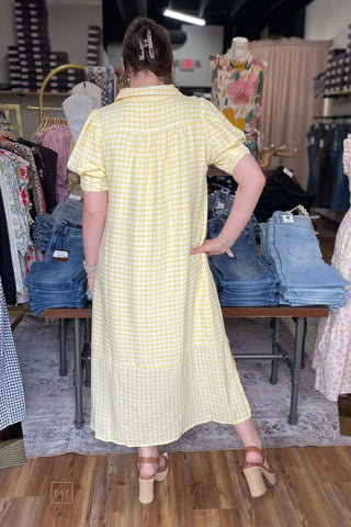 Umgee sunny yellow gingham midi dress short puff sleeves back view C6338