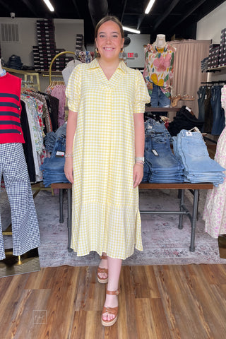 Umgee sunny yellow gingham midi dress short puff sleeves front view C6338