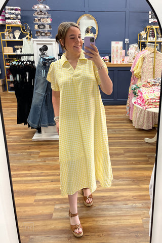 Umgee sunny yellow gingham midi dress short puff sleeves mirror selfie C6338