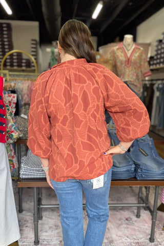 Umgee Auburn Floral Textured Puff Sleeve Blouse C6752 back view