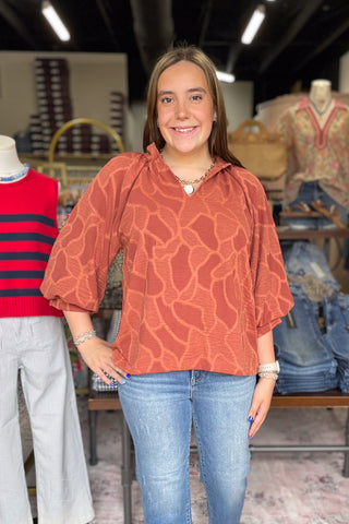 Umgee Auburn Floral Textured Puff Sleeve Blouse C6752 front view