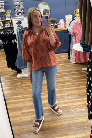 Umgee Auburn Floral Textured Puff Sleeve Blouse C6752 mirror selfie