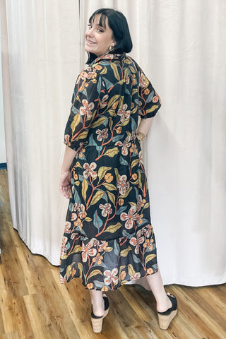 Umgee Fall Black Floral Mix Midi Dress Tiered Skirt with Vneck K0651