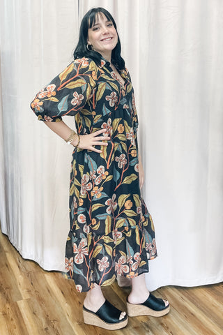 Umgee Fall Black Floral Mix Midi Dress Tiered Skirt with Vneck K0651