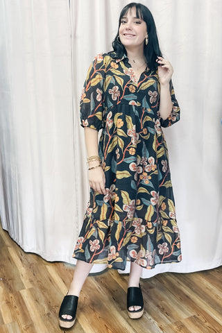 Umgee Fall Black Floral Mix Midi Dress Tiered Skirt with Vneck K0651