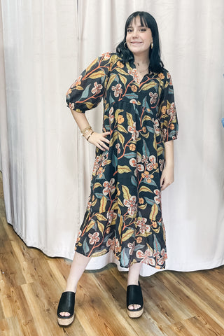 Umgee Fall Black Floral Mix Midi Dress Tiered Skirt with Vneck K0651