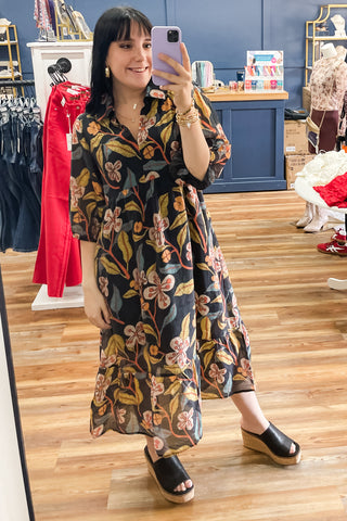 Umgee Fall Black Floral Mix Midi Dress Tiered Skirt with Vneck K0651
