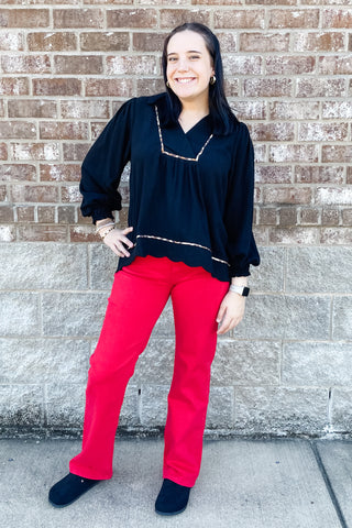 Umgee black with leopard piping trim and scallop hem and bishop long sleeve with elastic cuffs in a linen blend C5462 WC5462