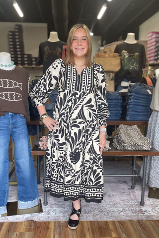 Umgee Black Botanical Print Tiered Midi Dress Long Balloon Sleeves D1177 front view