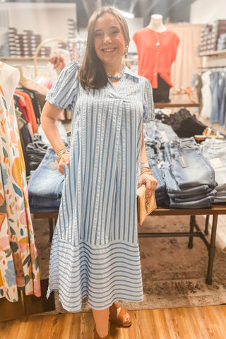 Umgee blue striped midi dress puff short sleeves caftan style C5868