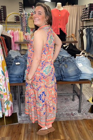 Umgee coral mix sleeveless racerback midi dress with boho border print K2026
