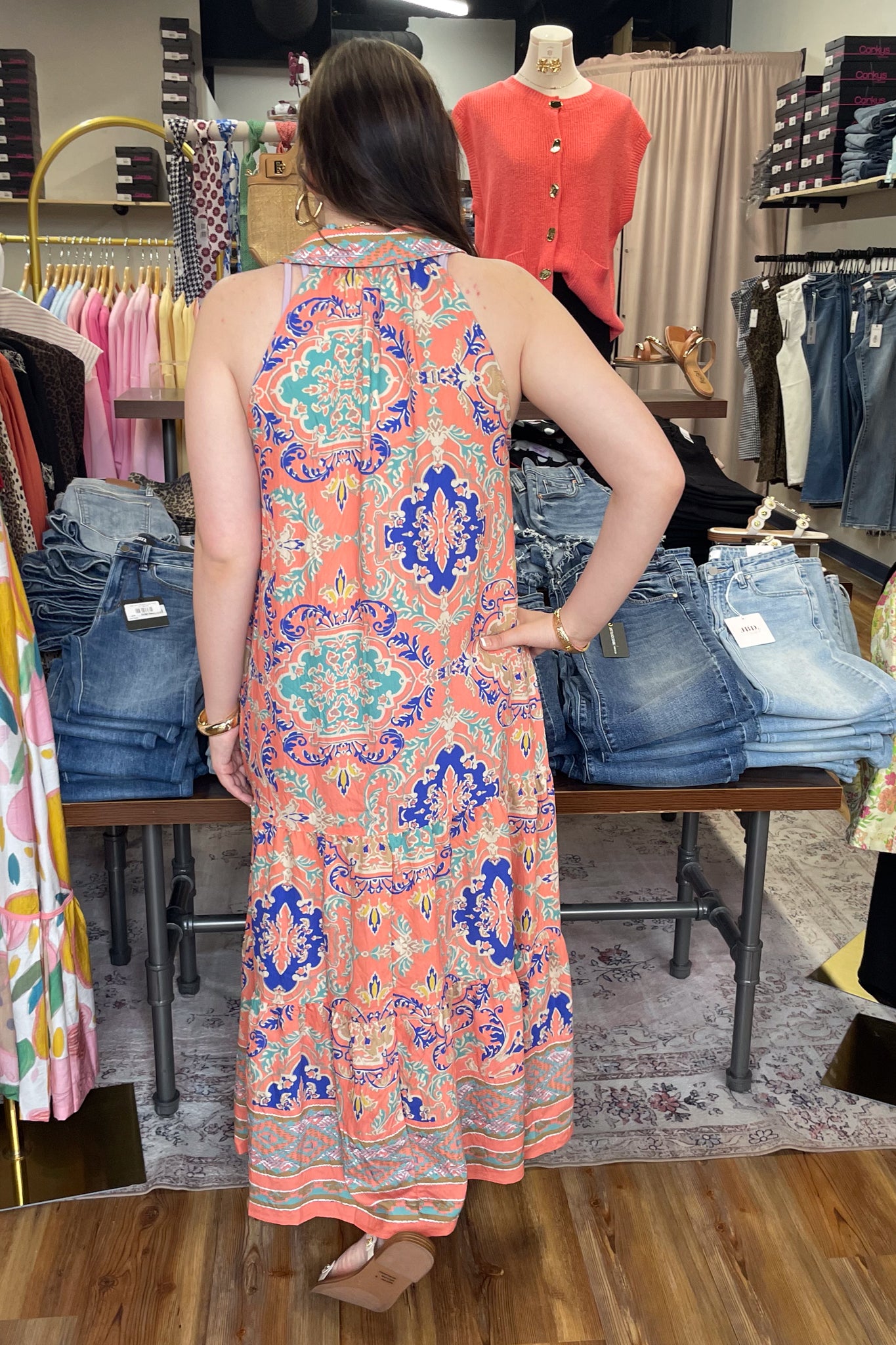 Umgee coral mix sleeveless midi dress with boho border print K2026 – rivers  + roads boutique