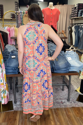 Umgee coral mix sleeveless racerback midi dress with boho border print K2026