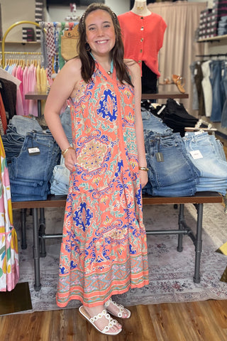 Umgee coral mix sleeveless racerback midi dress with boho border print K2026