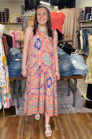 Umgee coral mix sleeveless racerback midi dress with boho border print K2026