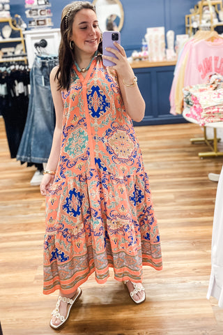 Umgee coral mix sleeveless racerback midi dress with boho border print K2026