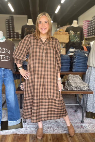 Umgee Fall Brown Checkered Plaid Midi Dress 3/4 Length Puff Sleeves C6769 front view