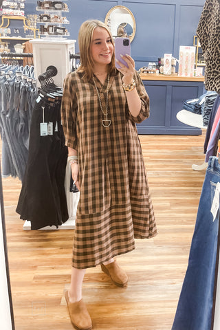 Umgee Fall Brown Checkered Plaid Midi Dress 3/4 Length Puff Sleeves C6769 mirror selfie