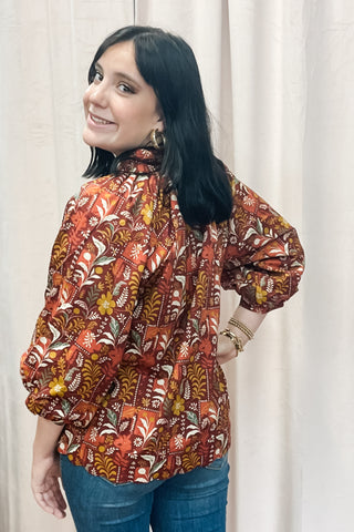 Umgee burgundy harvest and floral mix cotton fall blouse with puff sleeves C5411