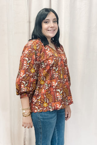 Umgee burgundy harvest and floral mix cotton fall blouse with puff sleeves C5411