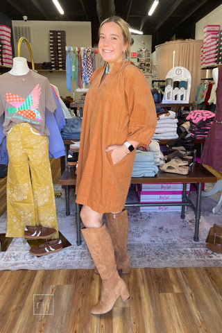 Side view of the Umgee D1185 camel corduroy dress showing the relaxed oversized fit and long puff sleeves