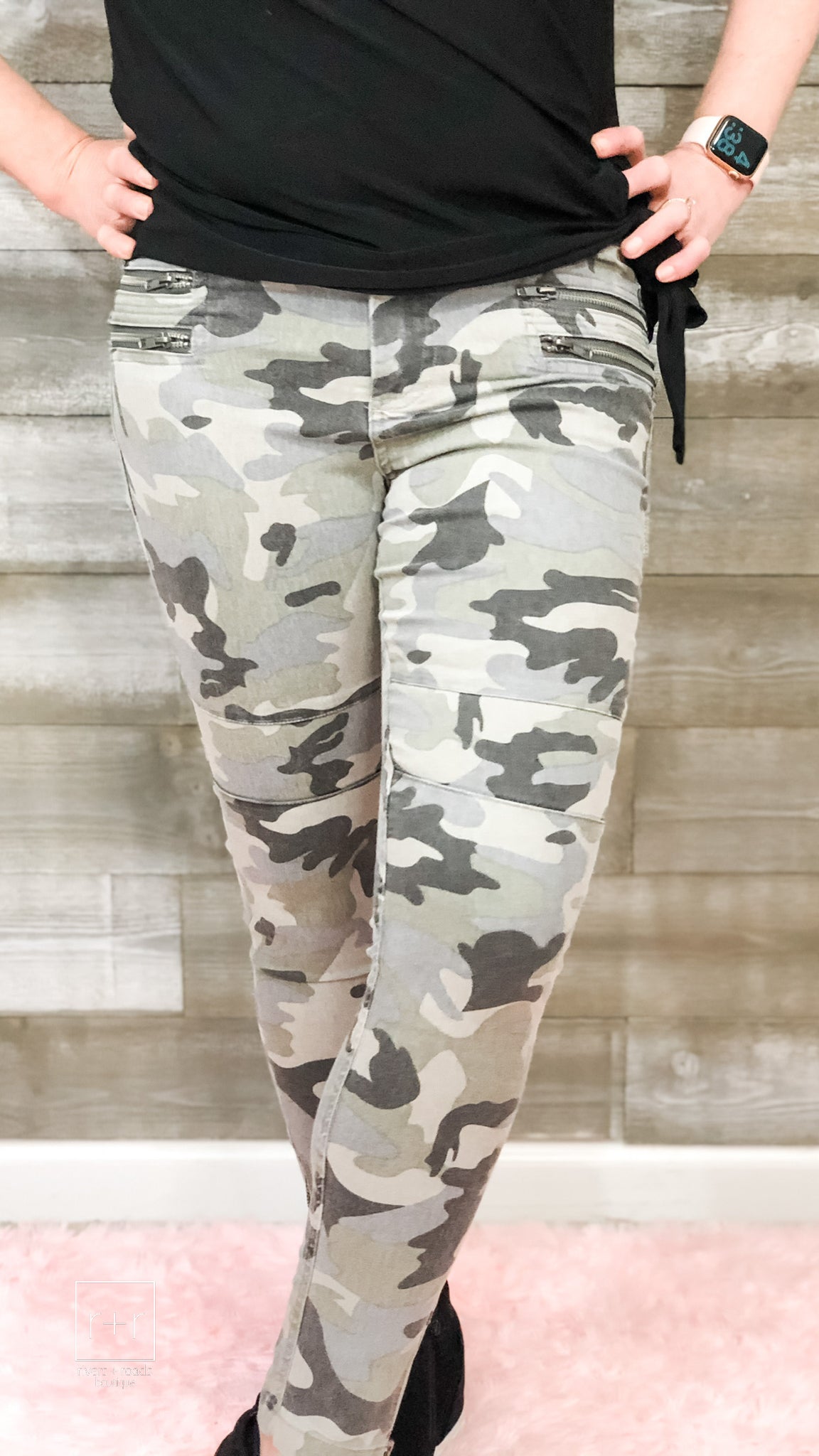 umgee grey camo moto pants with front and ankle zipper details