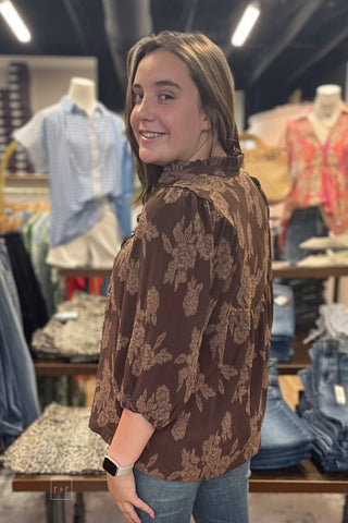 Umgee cocoa textured floral blouse fall transitional top N7103 back view