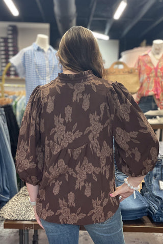 Umgee cocoa textured floral blouse fall transitional top N7103 back view