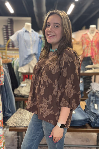 Umgee cocoa textured floral blouse fall transitional top N7103 side view