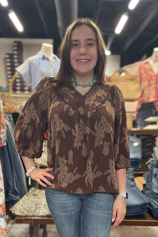 Umgee cocoa textured floral blouse fall transitional top N7103 front view
