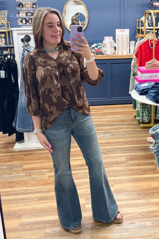 Umgee cocoa textured floral blouse fall transitional top N7103 mirror selfie