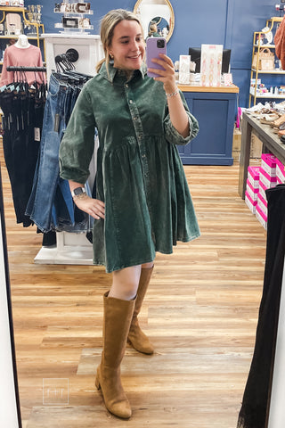 Mirror photo of the Umgee N7059 emerald green corduroy button front shirt dress with Corkys Made You Look Tall Boots