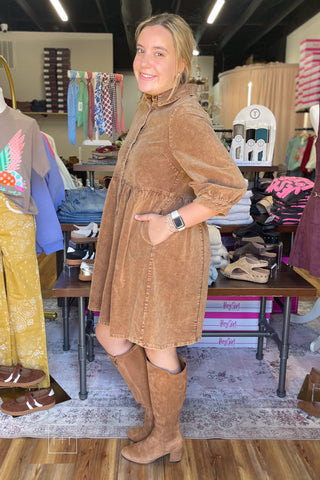 Umgee N7059 mineral wash corduroy shirt dress in Mocha showing side pockets, worn with Corkys Made You Look Tall Boots