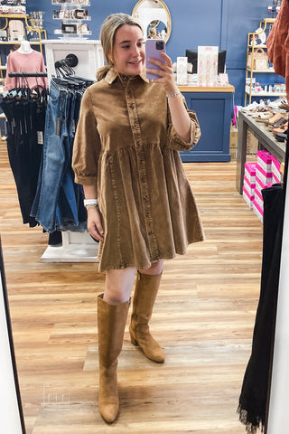 Mirror photo of the Umgee N7059 mocha corduroy button front shirt dress with Corkys Made You Look Tall Boots