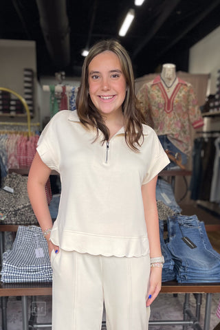 MOHMe by Umgee Cream Half Zip Pullover Scalloped Edge Hem Select Luxeknit Front View h1021