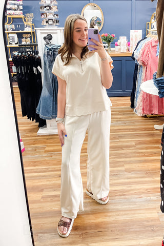 MOHMe by Umgee Cream Half Zip Pullover Scalloped Edge Hem and wide leg pants matching set Select Luxeknit mirror selfie