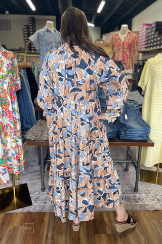 Umgee denim mix abstract print midi dress with lace trim detail D1318 back view