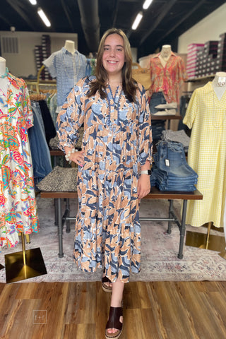 Umgee denim mix abstract print midi dress with lace trim detail D1318 front view