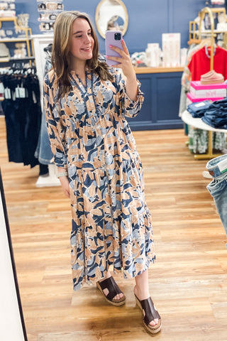 Umgee denim mix abstract print midi dress with lace trim detail D1318 mirror selfie