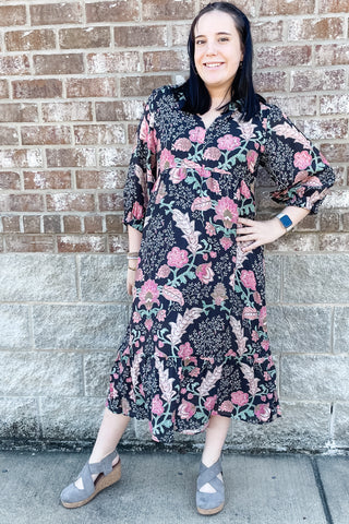 Umgee black mix floral midi collared dress with 3/4 puff sleeves K0945 WK0945