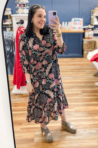 Umgee black mix floral midi collared dress with 3/4 puff sleeves K0945 WK0945